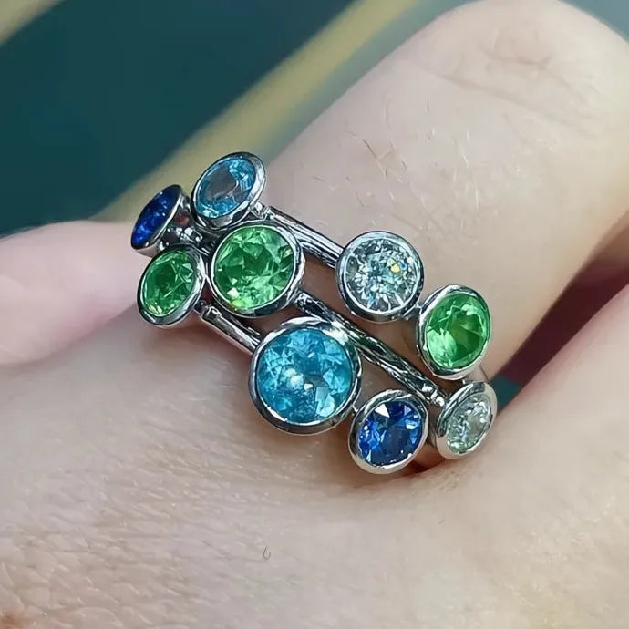 3-Layer Colorful Cubic Zirconia Brass Wedding Ring for Women Blue Green White