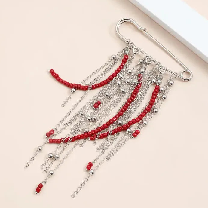 Retro Red Beaded Tassel Punk Brooch Pin Zinc Alloy Metal Jewelry