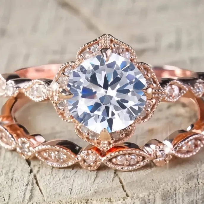 White Champagne Pink CZ 2Pcs Rose Gold Zinc Alloy Wedding Rings for Women Party Jewelry