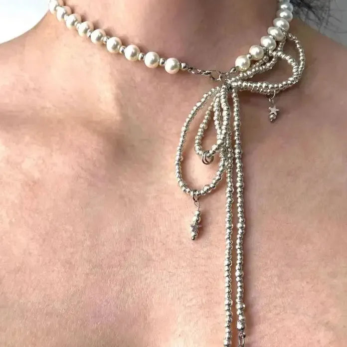 Punk Imitation Pearl Bowknot Hiphop Metal Bead Tassel Necklace Unisex