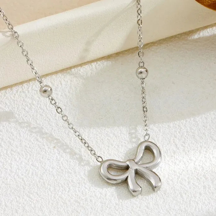 Gold Bowknot Pendant Necklace for Women Beaded Chain Fashion Jewelry