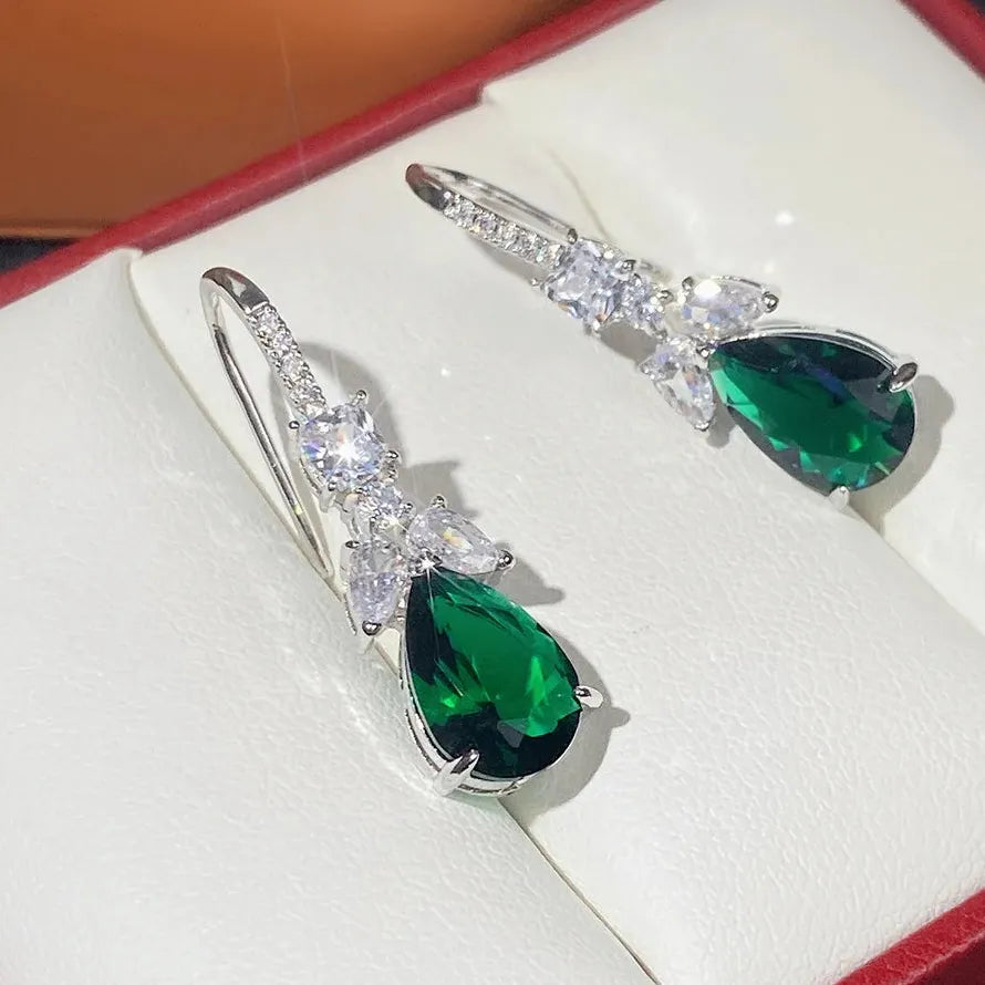 White Green AAA Cubic Zirconia Water Droplet Pendant Earrings for Women