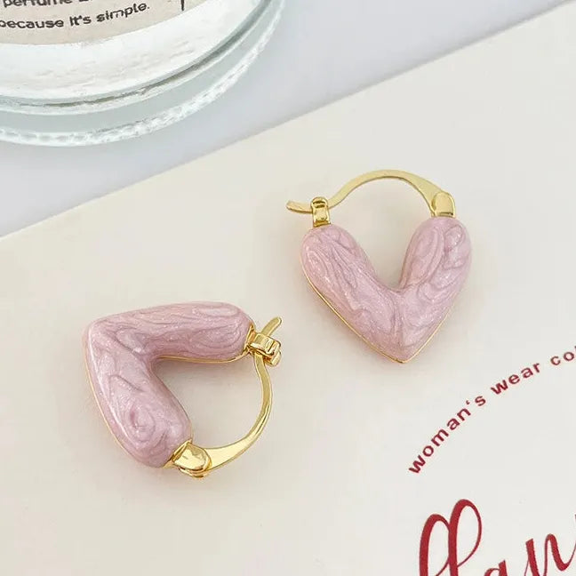 French Romantic Wine Red Enamel Heart Pendant Earrings Copper Alloy Jewelry for Women