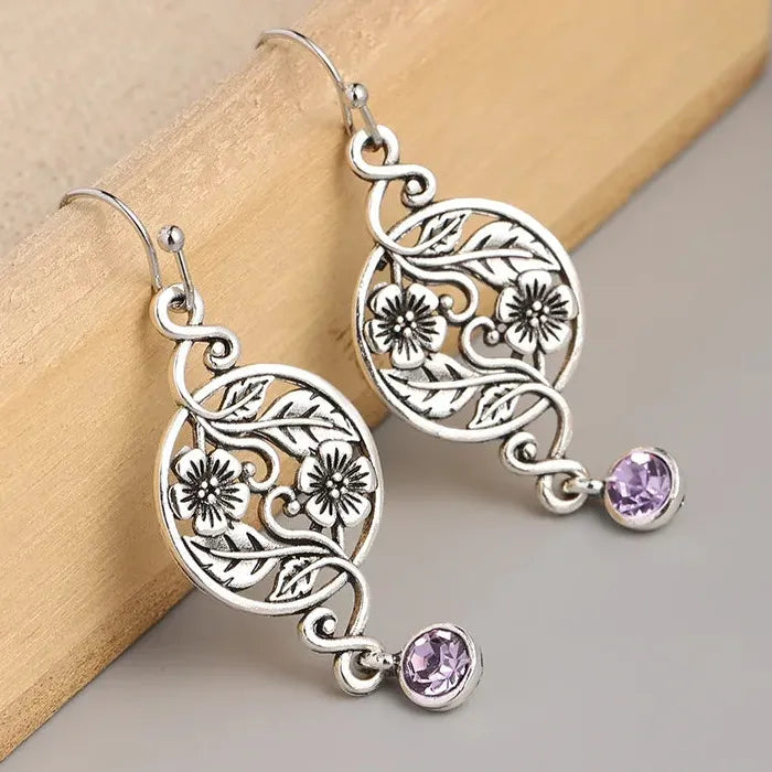 Vintage Purple Amethyst Hollow Round Leaves Dangle Earrings Zinc Alloy Boho Jewelry