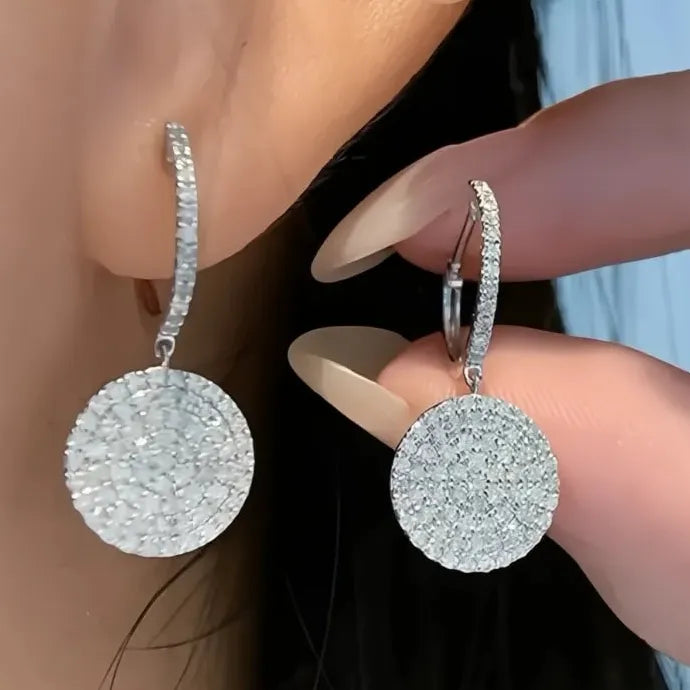 Round Disc CZ Dangle Earrings for Women Brass Geometric Fashion Jewelry