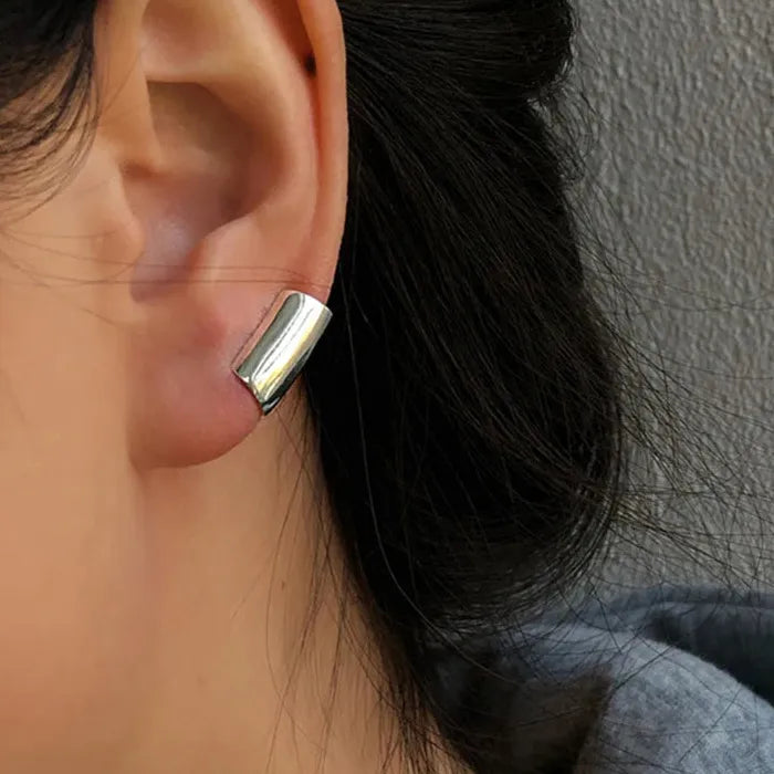 Silver Metal Long Tube Clip-On Ear Cuff Earrings Non-Piercing for Men Women