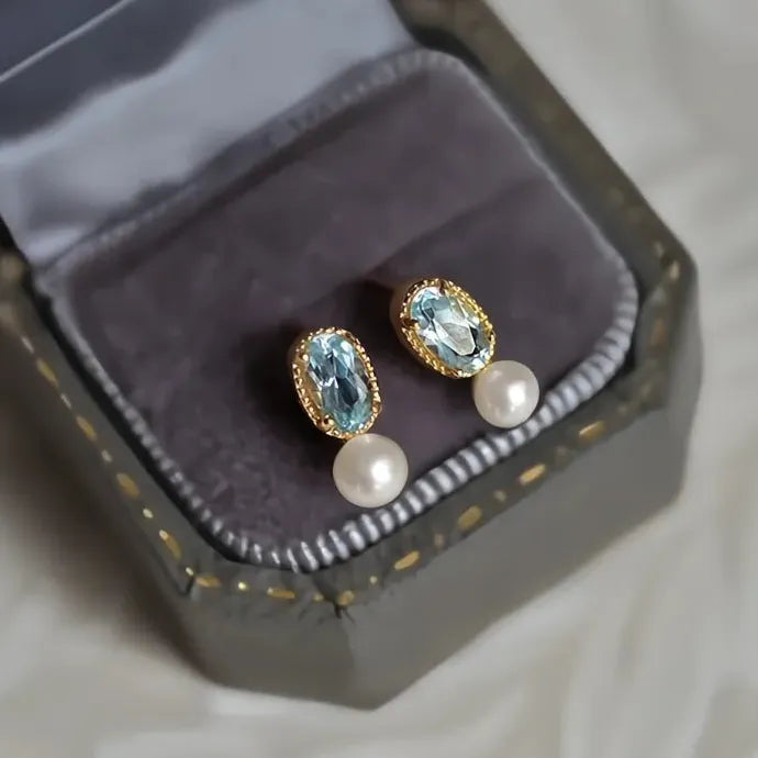 Women's Oval Blue CZ Drop Earrings with Imitation Pearl Copper Alloy Design