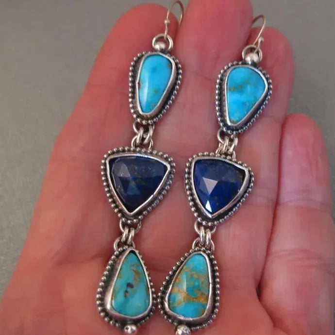 Vintage Triangle Blue Green Stone Drop Earrings Bohemian Ethnic Zinc Alloy Dangle
