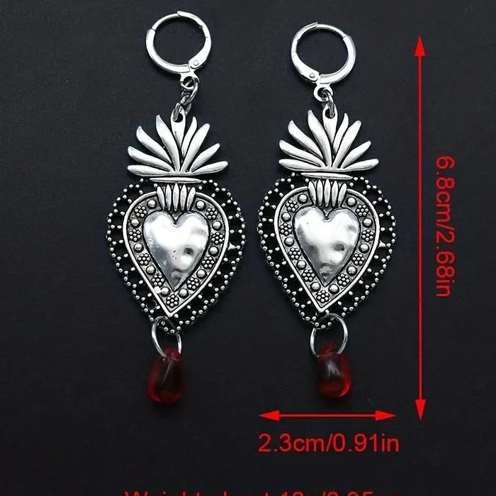 Vintage Sparkling Red Water Drop Pendant Earrings Zinc Alloy Sacred Heart Mom Gift