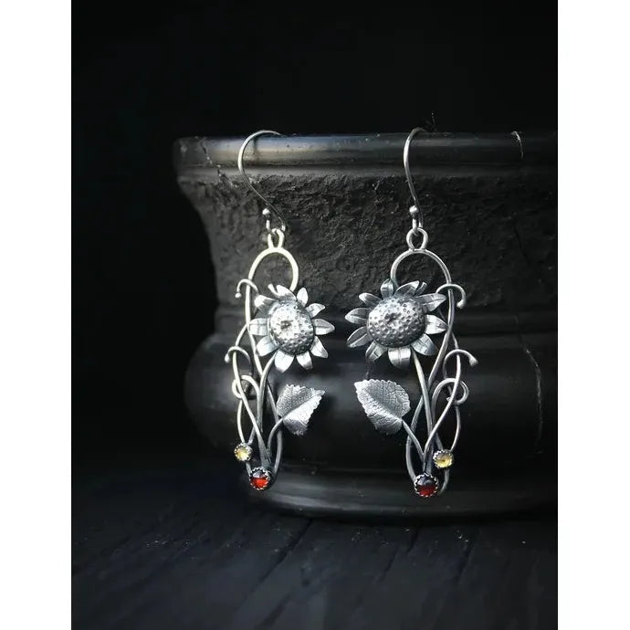 Vintage Zinc Alloy Leaf Drop Earrings with Red Stone Inlay for Women