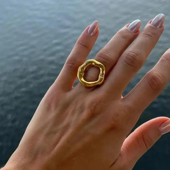 18K Gold Color Geometric Wide Stainless Steel Waterproof Ring for Women Jewelry