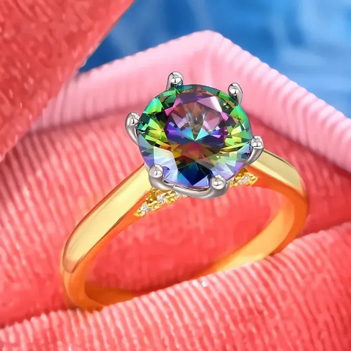 Two Tone Brass Women’s Ring with Multicolor CZ Inlay for Special Occasion