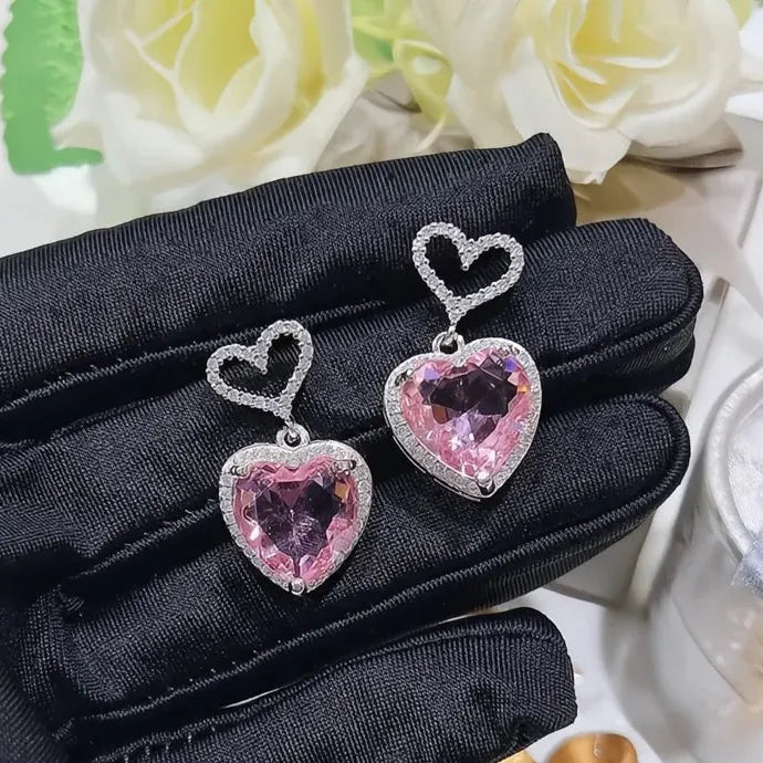 Pink Heart Cubic Zirconia Copper Alloy Earrings for Women Engagement Wedding