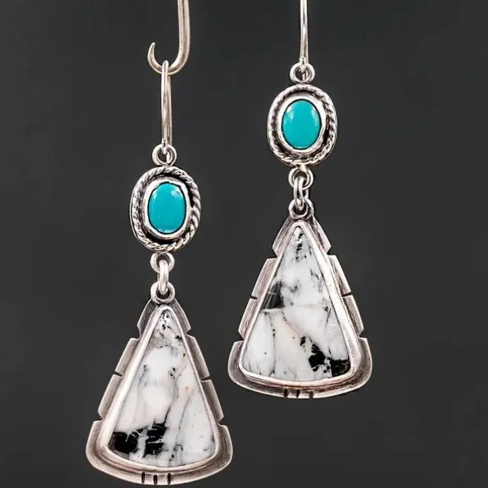 Women’s Blue Resin Inlaid Retro Handmade Metal Pendant Drop Earrings
