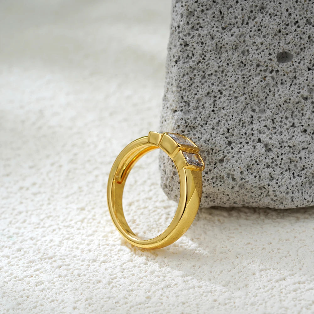 18K Gold Plated Stainless Steel Square CZ Ring Waterproof Wedding Jewelry