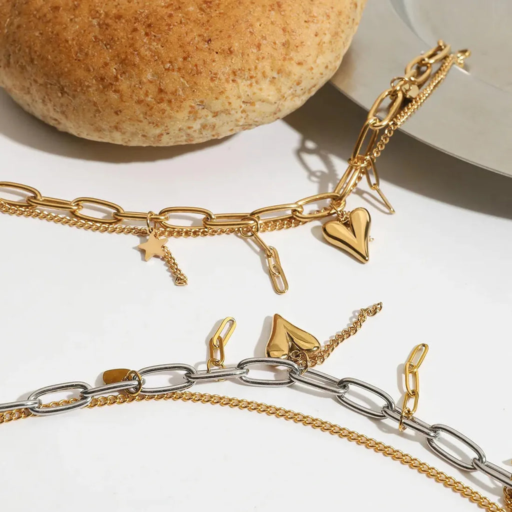 Adjustable Stainless Steel Two Tone Heart Tassel Chain Bracelet Vintage Jewelry