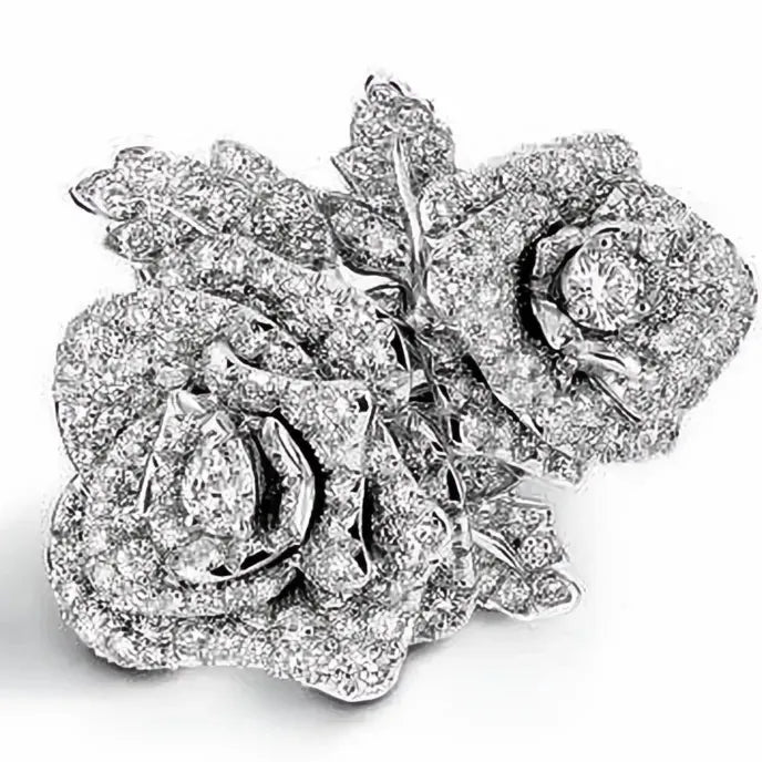 Cubic Zirconia Rose Shape Ring for Women, Brass Plant Design Wedding Band Gift