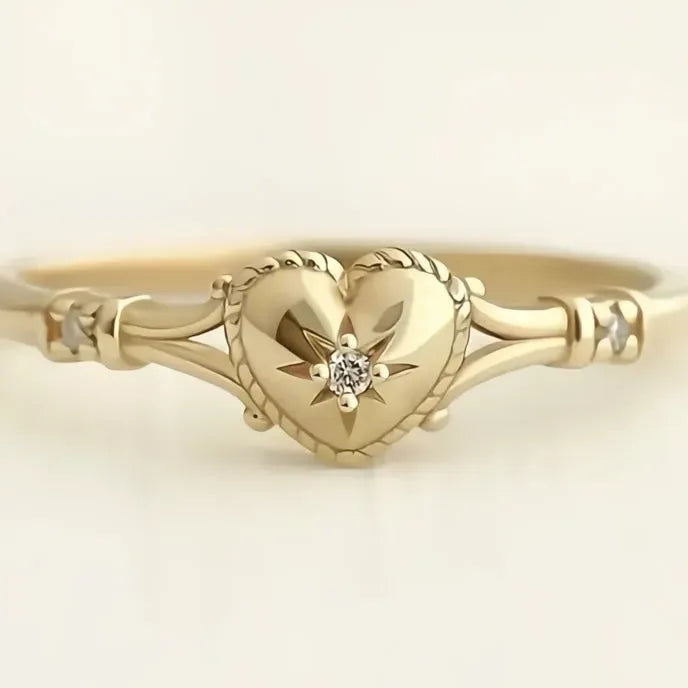 Gold Heart Ring for Women Copper Cubic Zirconia Wedding Band Engagement Jewelry