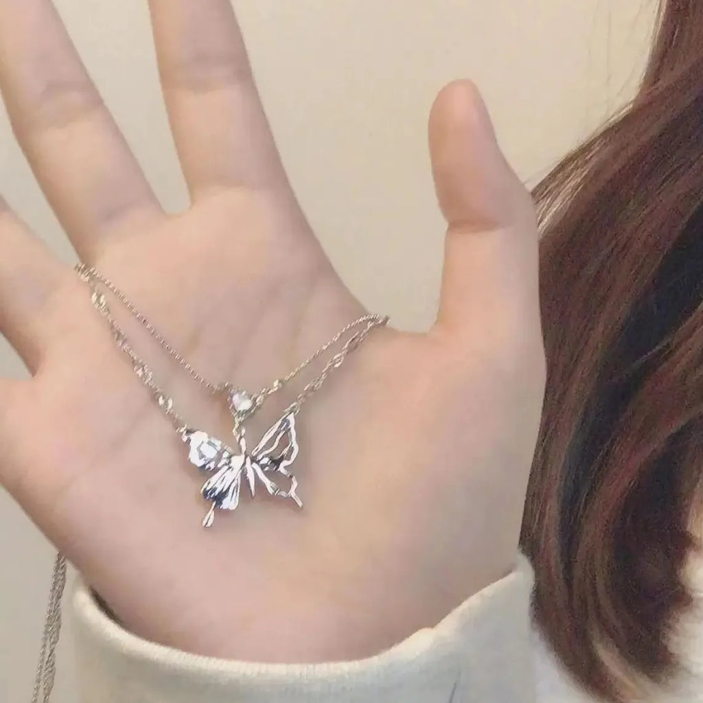 Vintage Y2K Butterfly Pendant Necklace Zinc Alloy Double Chain for Women