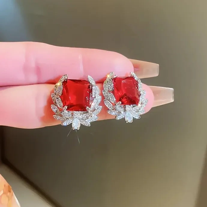 Bright Red Geometric Cubic Zirconia Crystal Stud Earrings for Women Copper Alloy