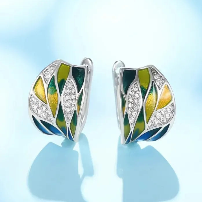 Women's Leaf Design Enamel Hoop Earrings Brass Alloy Anniversary Jewelry