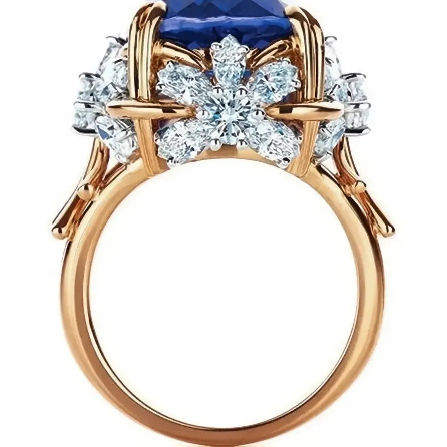 Dark Blue CZ Geometric Flower Ring for Women Elegant Jewelry Accessory