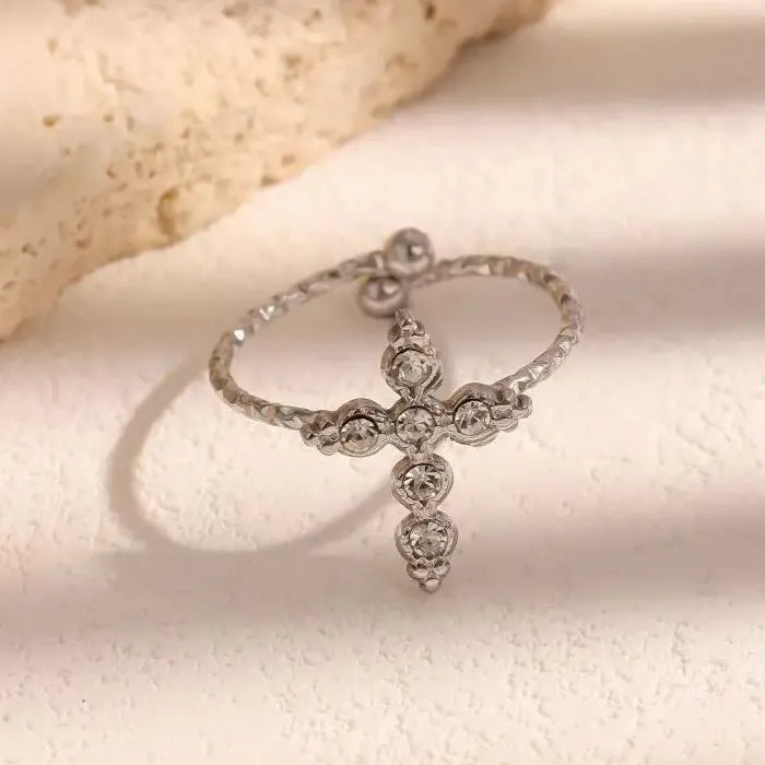 Adjustable Stainless Steel Cross Ring Featuring Rhinestone for Men Women Jewelry