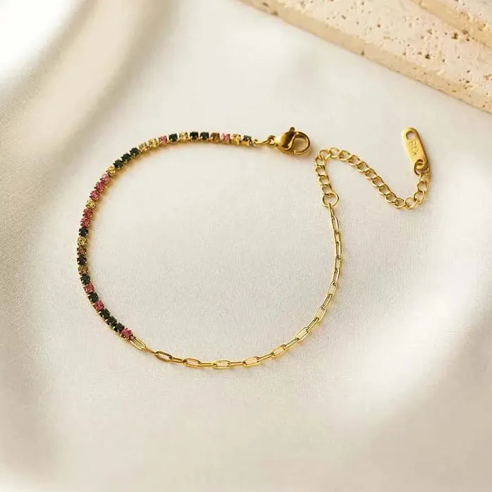 Luxury Colorful Cubic Zirconia Tennis Bracelet Women Stainless Steel Gold Chain Jewelry Gift