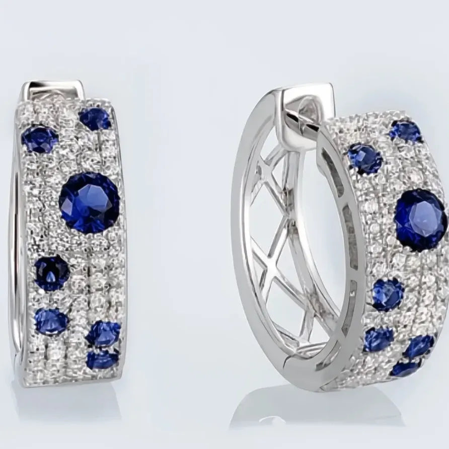Blue and White Geometric Cubic Zirconia Hoop Earrings for Women