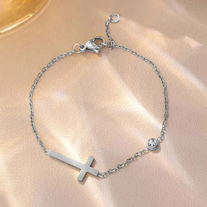 Gold Stainless Steel Cross Chain Bracelet for Women CZ Zircon Charm Gift