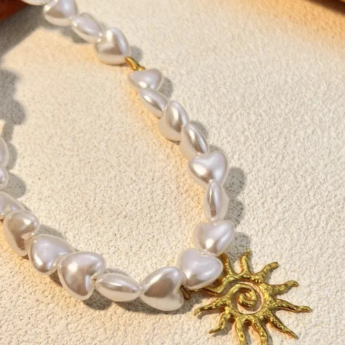 Elegant Handmade Pearl Necklace Gold Lava Twist Heart Pendant Choker Jewelry Gift