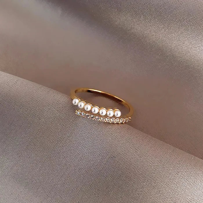 Adjustable Rose Gold Copper Ring with Imitation Pearl & Cubic Zirconia for Women