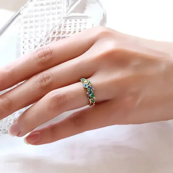 Modern Women's Brass Geometric Ring with Blue Green Cubic Zirconia Jewelry