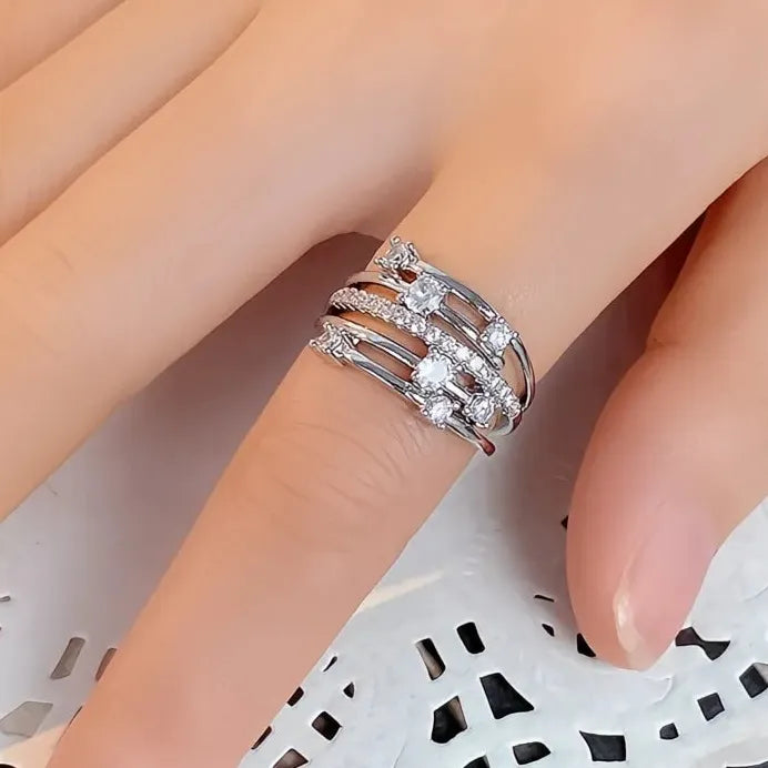 Geometric Multi-layer Cubic Zirconia Cross Wedding Band Ring for Women