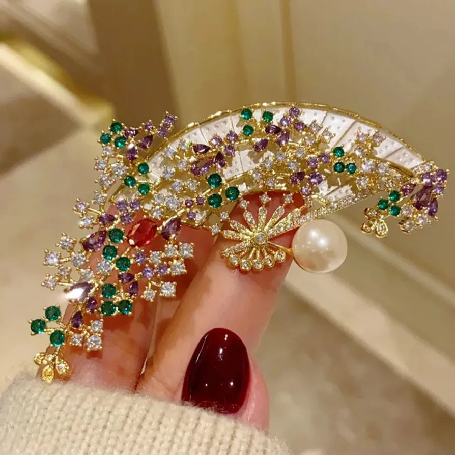 Vintage Chinese Violet Vine Folding Fan Brooch Pin for Women