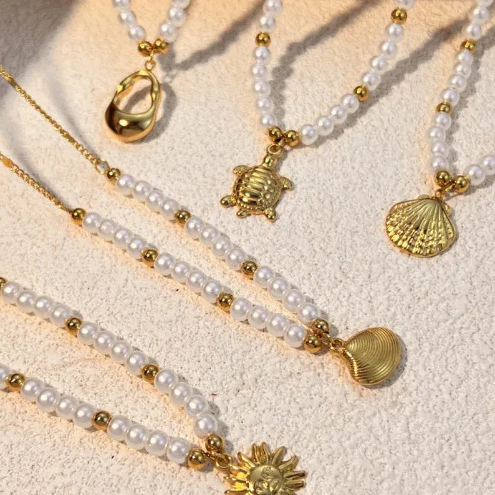 Stainless Steel Pearl Sun Shell Turtle Pendant Necklace Mini Choker Jewelry