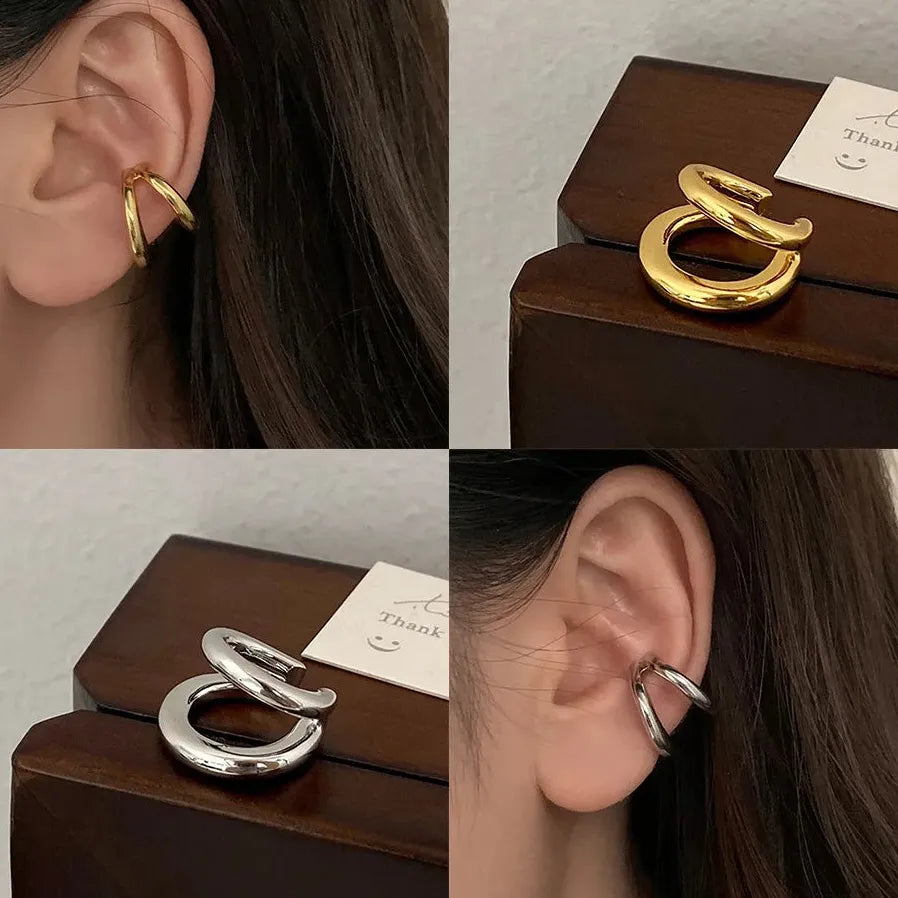 Vintage Gold Silver Double Layered Geometric Clip-On Earrings for Women