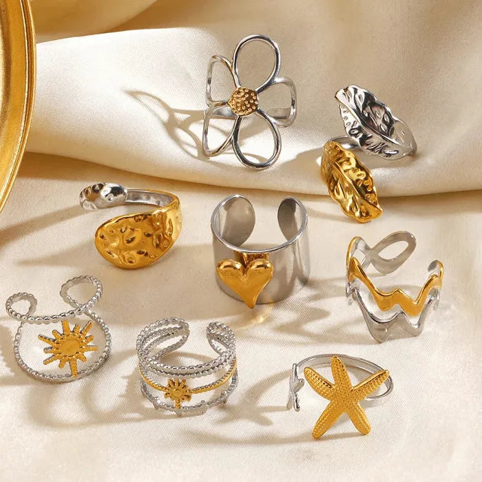 Adjustable Stainless Steel Geometric Heart Flower Ring for Women Jewelry Gift