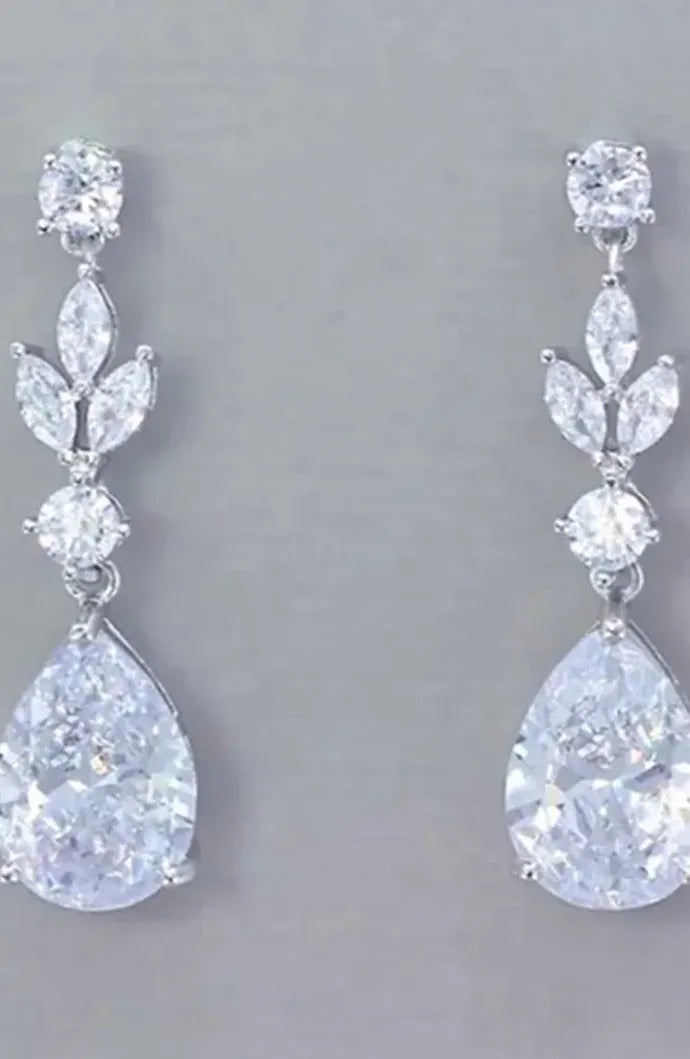 Water Drop Cubic Zirconia Dangle Earrings Silver Color Zinc Alloy Wedding Engagement