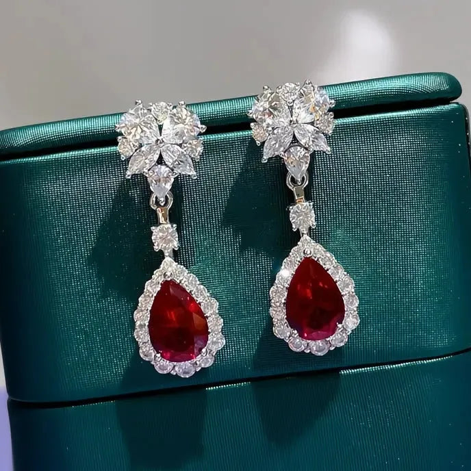 Bright Red Cubic Zirconia Flower Drop Earrings for Women Bridal Wedding Jewelry Gift Copper Alloy