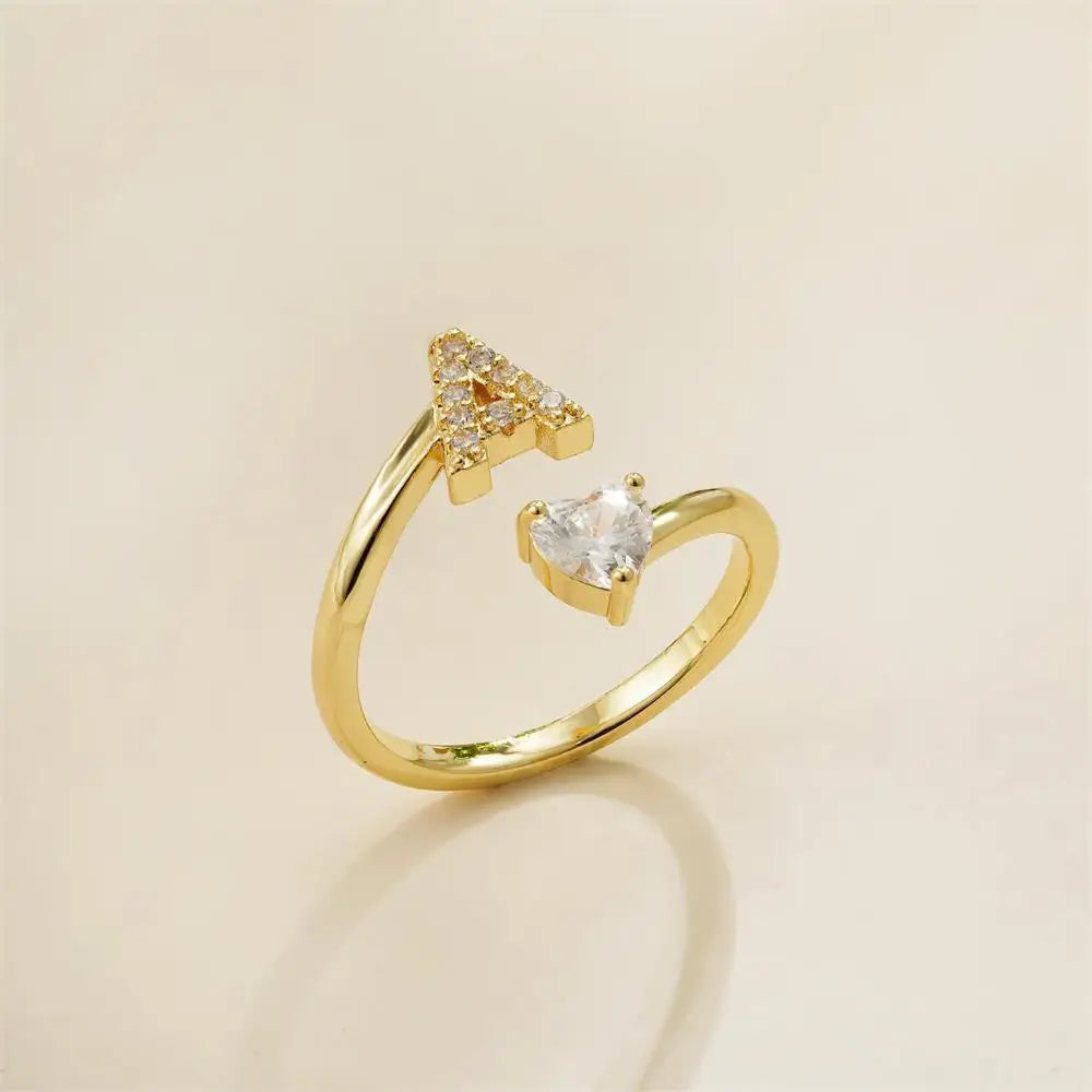 Polished Gold Plated Copper A-Z Letter Initial Ring with Zircon Heart Wedding Jewelry