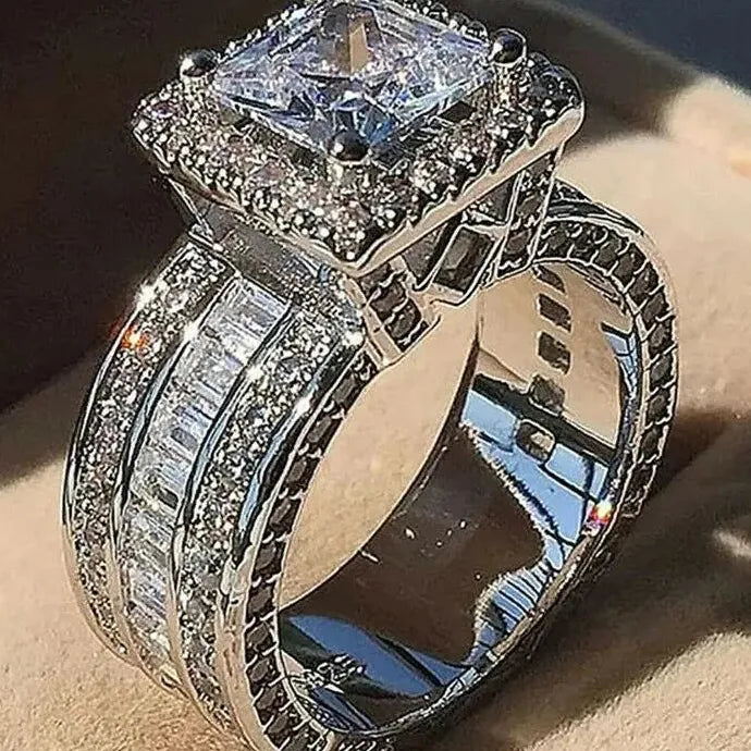 Elegant Shiny Halo Zinc Alloy Ring Square Cut Zircon Wedding Engagement Gift