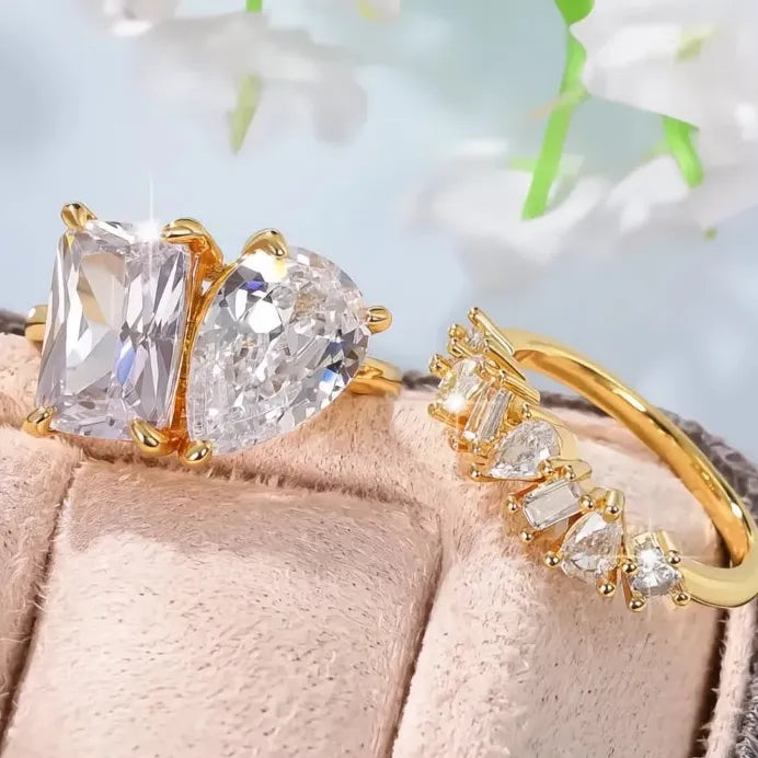 Pear Square Cubic Zirconia Wedding Rings Set Gold Color Elegant 2023