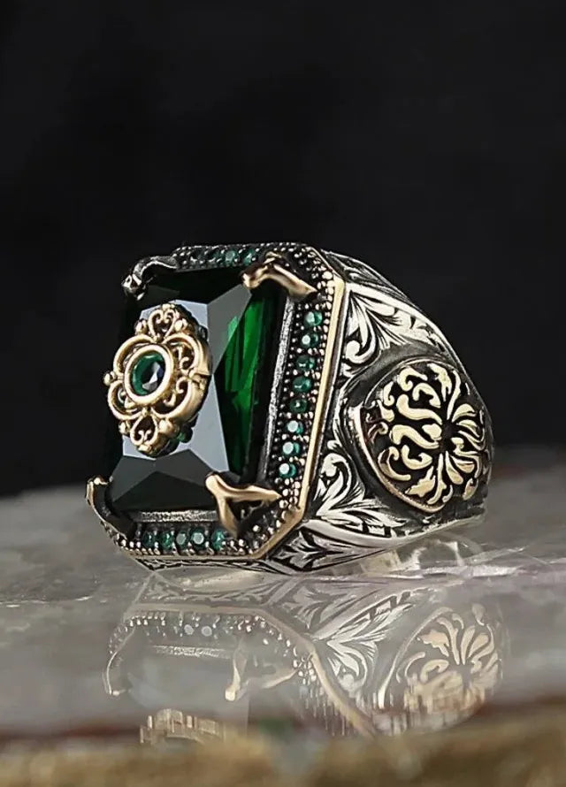 Retro Handmade Turkish Men’s Silver Zinc Alloy Ring with Zircon Inlay