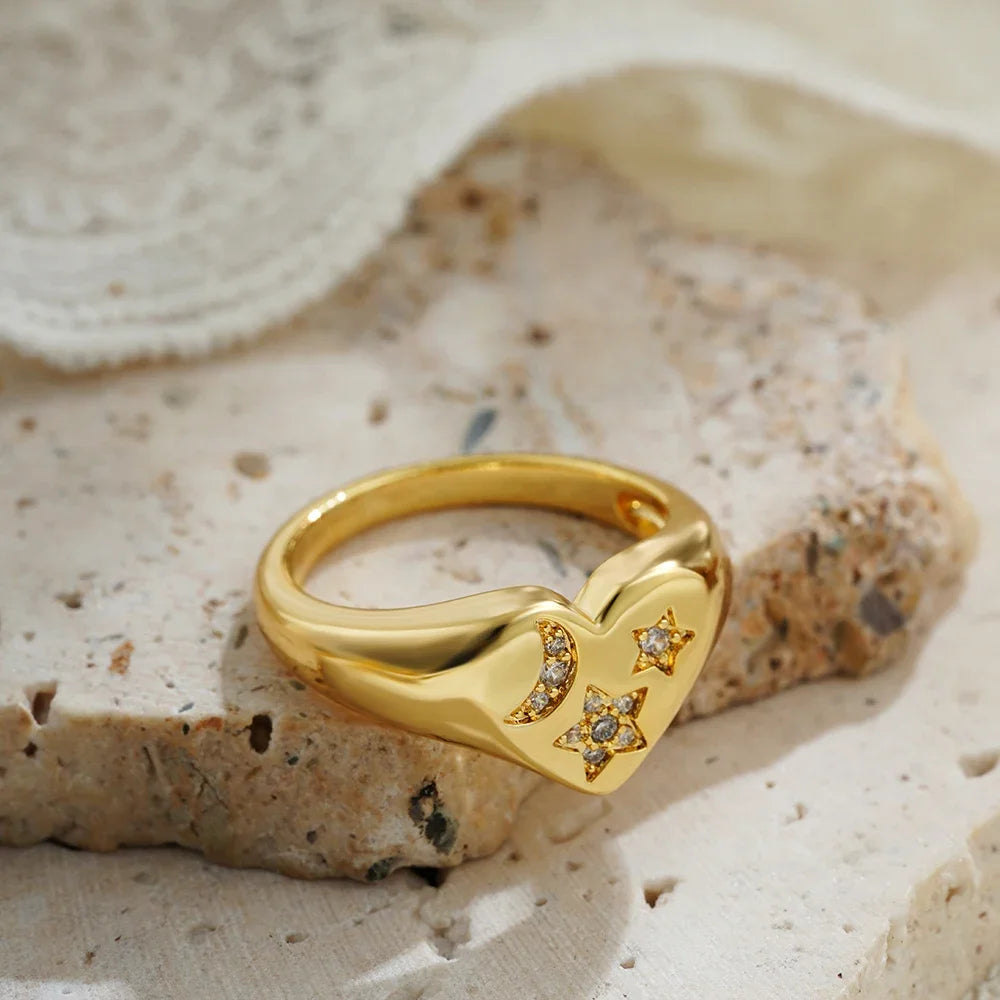Waterproof Stainless Steel Love Heart Ring for Women 18K Gold Plated CZ Zircon Star Moon Wedding Jewelry
