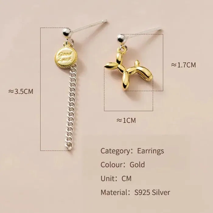 Asymmetrical Silver Balloon Dog Tassel Chain Earrings Zinc Alloy 2000s