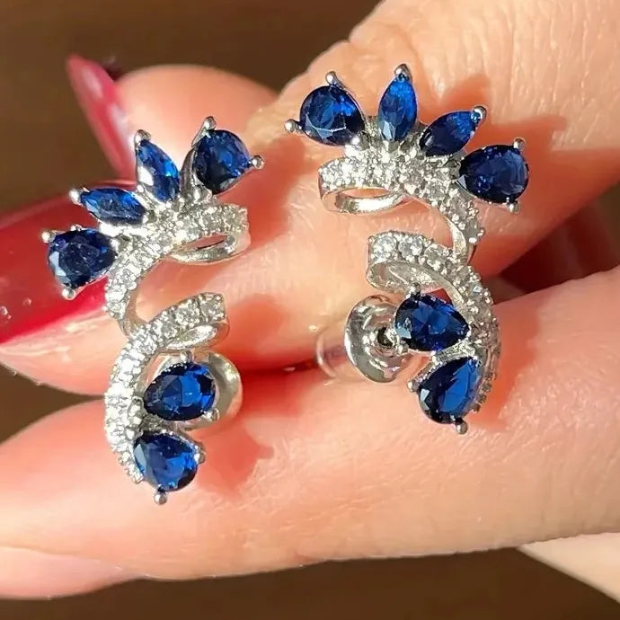 Blue Zircon Flower Stud Earrings Zinc Alloy Women’s Anniversary Gift Jewelry