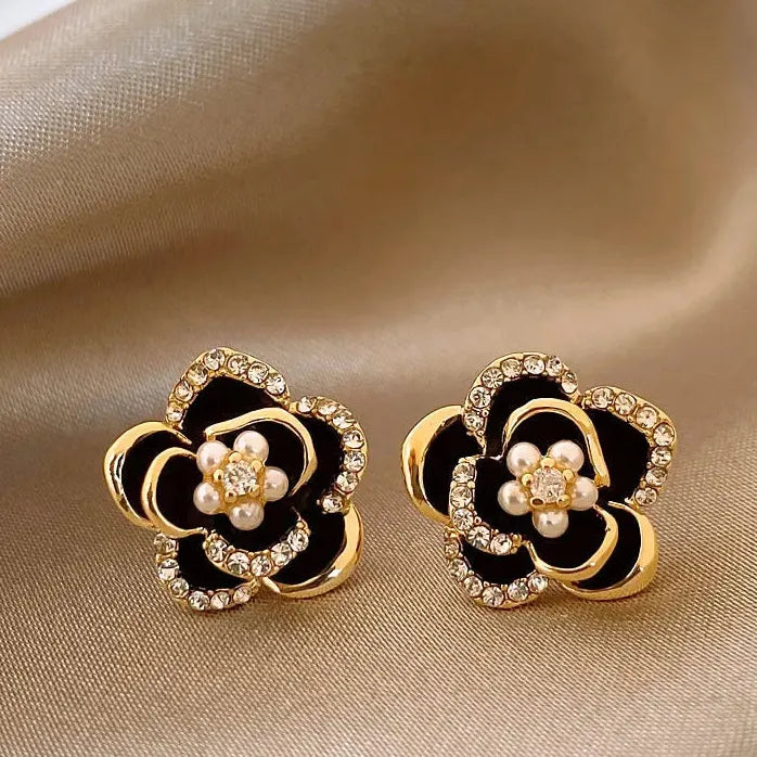 Dripping Zircon Pearl Flower Stud Earrings for Women Rhinestone Jewelry Gift
