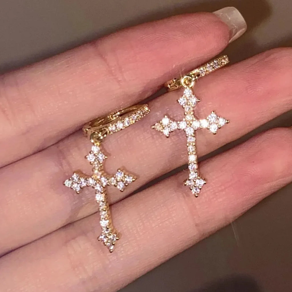 Punk Rhinestone Cross Drop Earrings Kpop Grunge Egirl Fashion Jewelry