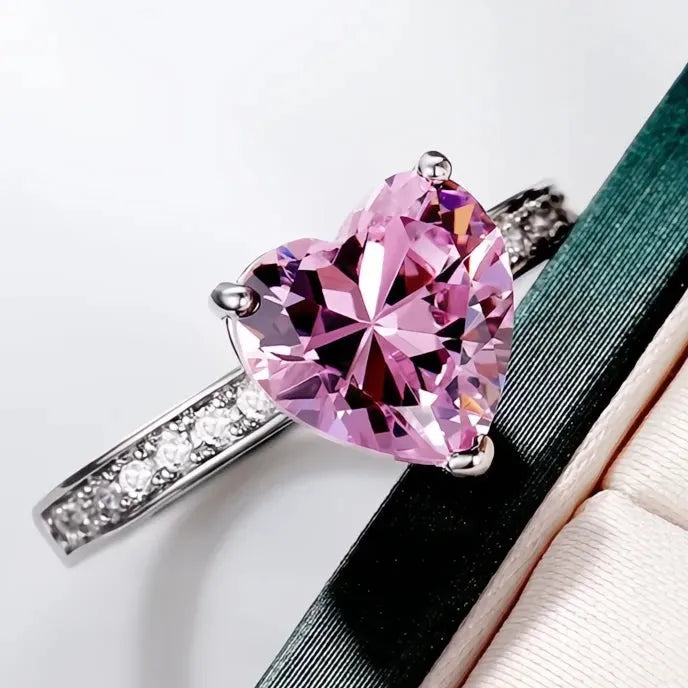 Luxury Women’s Heart Solitaire Engagement Ring AAA Pink Cubic Zirconia Brass Wedding Band Gift